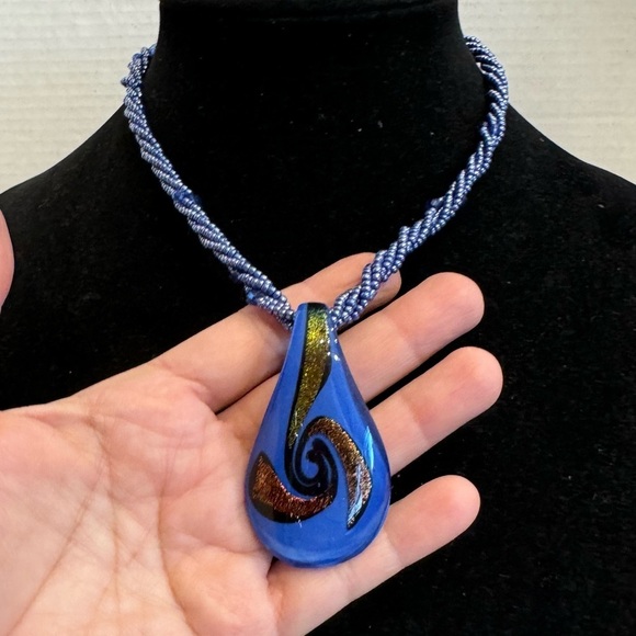 Art Glass Blue Hand Blown Glass Pendant With Seed Bead Multi-Strand Necklace - Picture 7 of 16